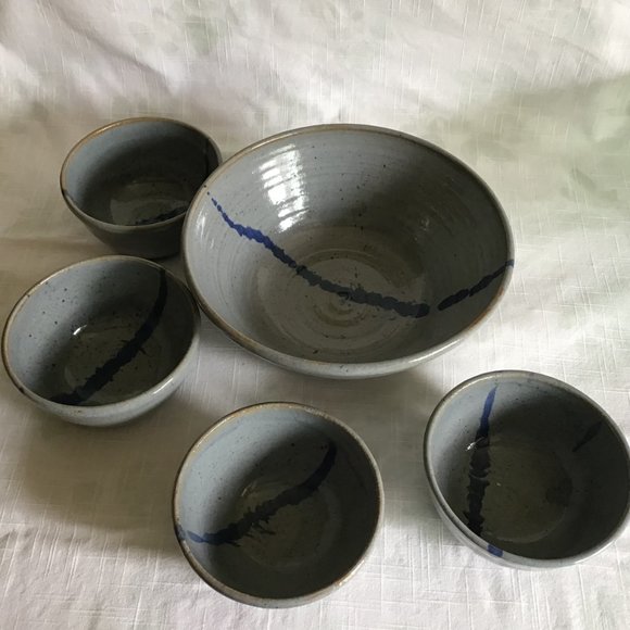 Vintage 80s Set of 5 Pottery Bowls Artist Signed Abstract Paint Glazed - Picture 4 of 9